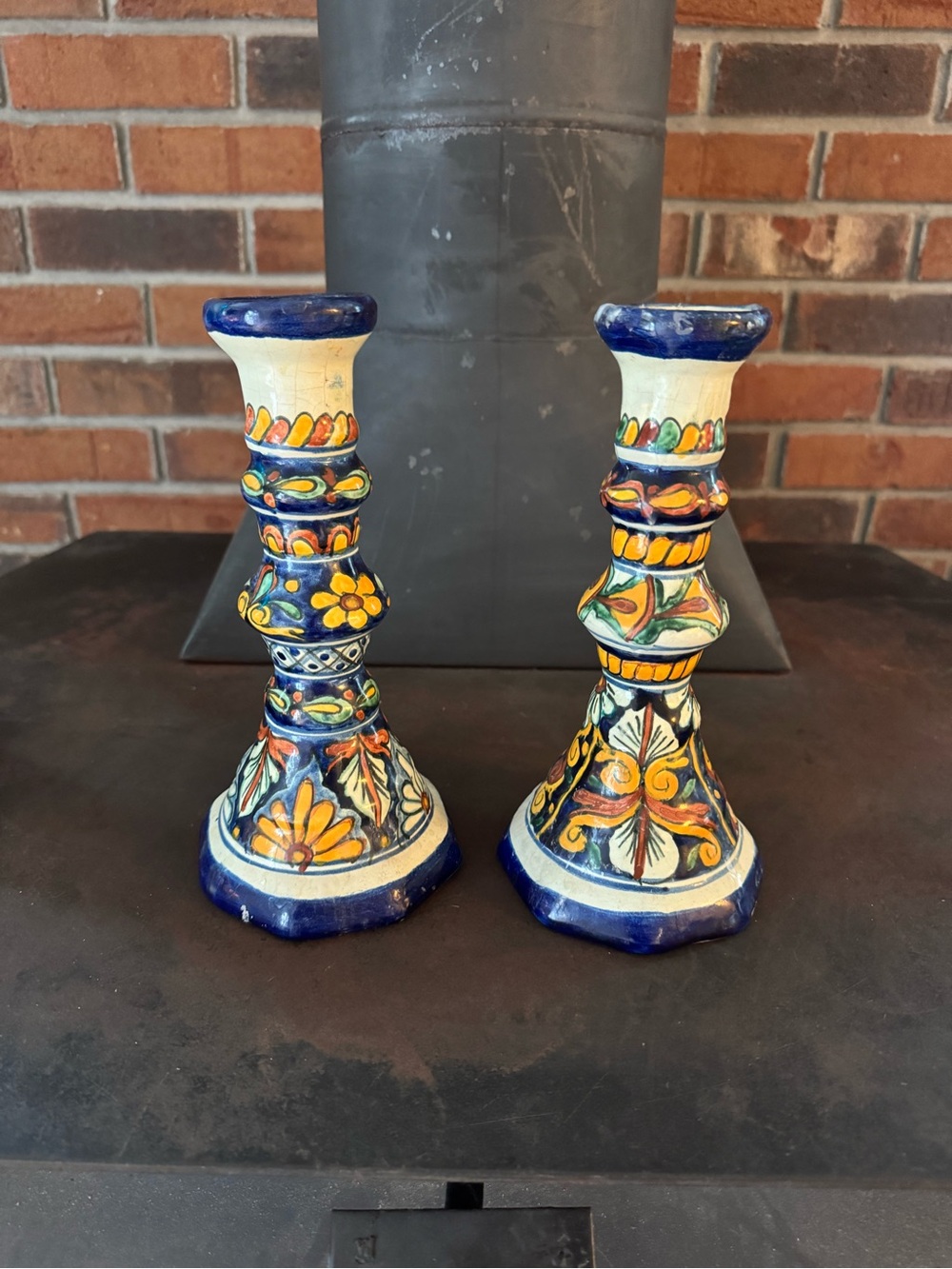 Mexican Hand-Painted Blue Floral Ceramic Candlestick Pair